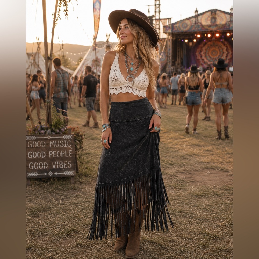 T Party Black Mineral Acid Wash Fringe Maxi Skirt Boho Western Rodeo Festival S
